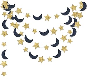 Furuix Outer Space Birthday Party Decorations Navy Gold 2pcs Moon and Star Garlands 1st Birthday Garland Love You to The Moon and Back Navy Blue Gold Moon Star Baby Shower Decorations (Navy Gold)