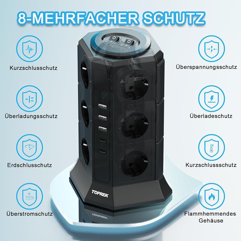 Mehrfachsteckdose 12 Fach, mit Überspannungsschutz USB C Schalter — Foto 4 von 7