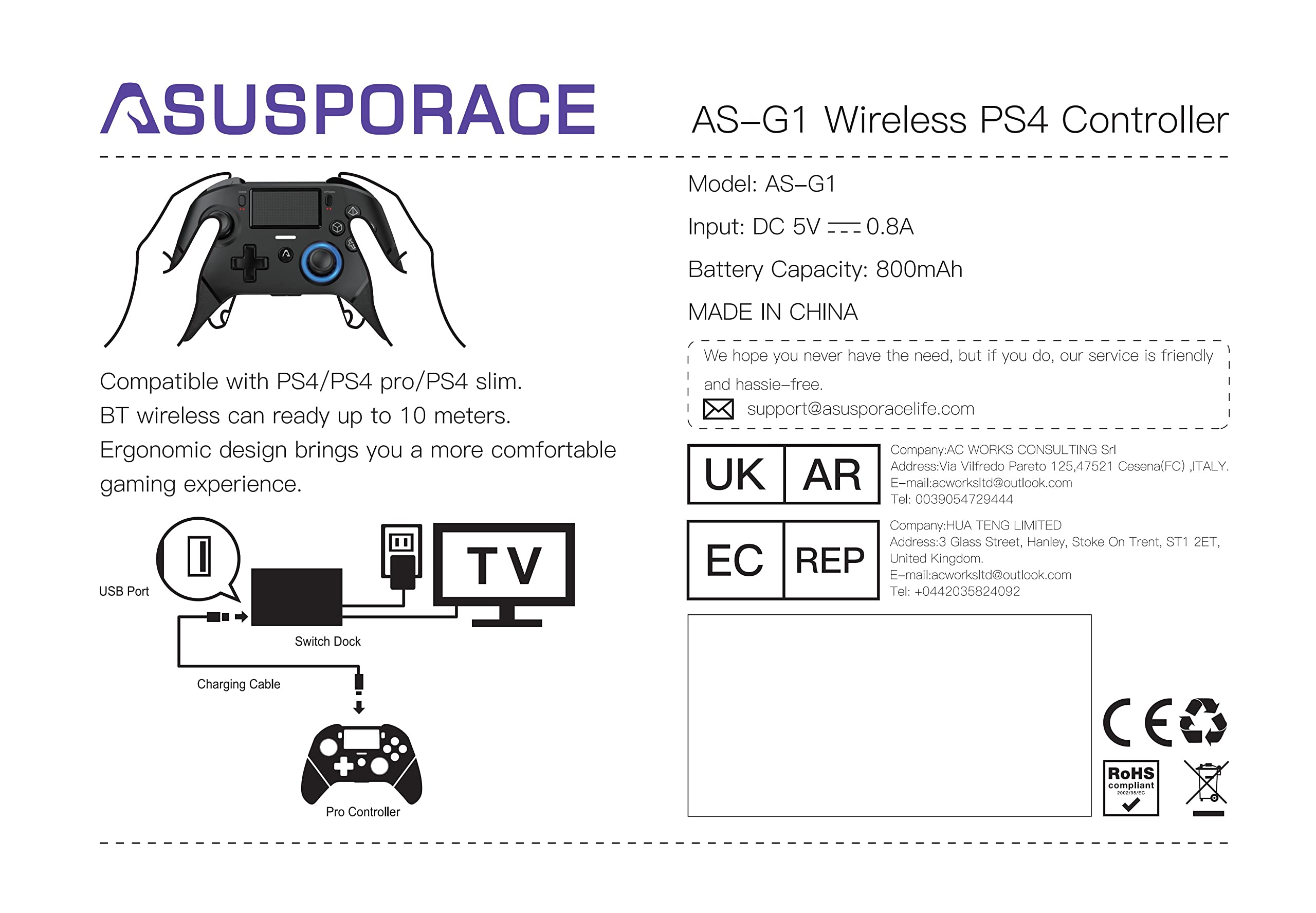 ASUSPORACE AUROCE Wireless Controller for PS4 Pro/Slim/PC, PS4 Controller Pro Gamepad with ALPS Joystick Hall Trigger Dual Vibration Mapping Button, Substitute for PlayStation 4 DualShock 4[1 Pcs]