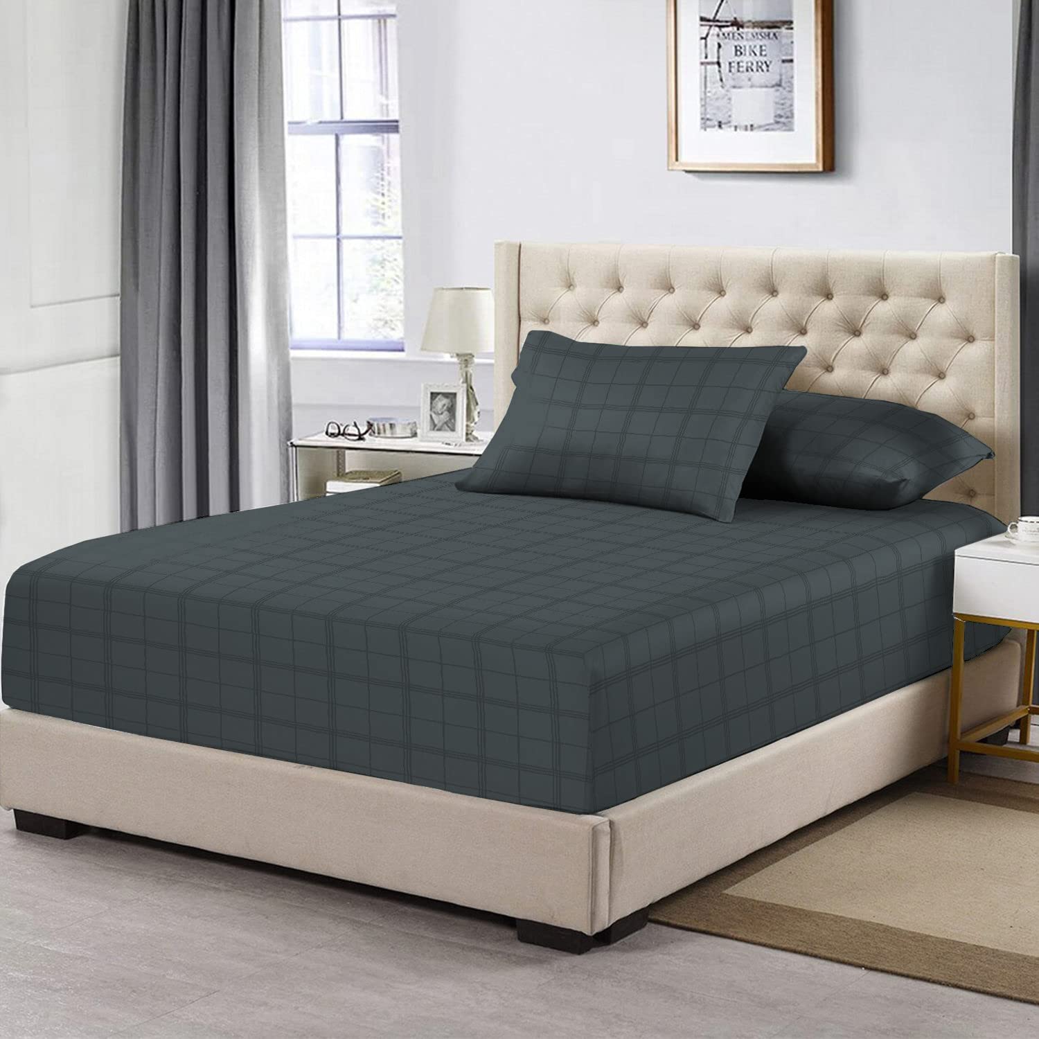 Pizuna 100% Cotton Anthracite Grey Big Checks Fitted Sheets, 300 Thread Count Long Staple Cotton Damask Bedding, 40 cm Deep Fitted King Size Sheet (160cm x 200cm Check Bedding King Size)