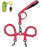 Dual Dog Leash, Double Dog Leash,360° Swivel No Tangle Double Dog Walking & Training Leash, Comfortable Shock Absorbing Reflective Bungee for Two Dogs with waste bag dispenser and dog training clicker