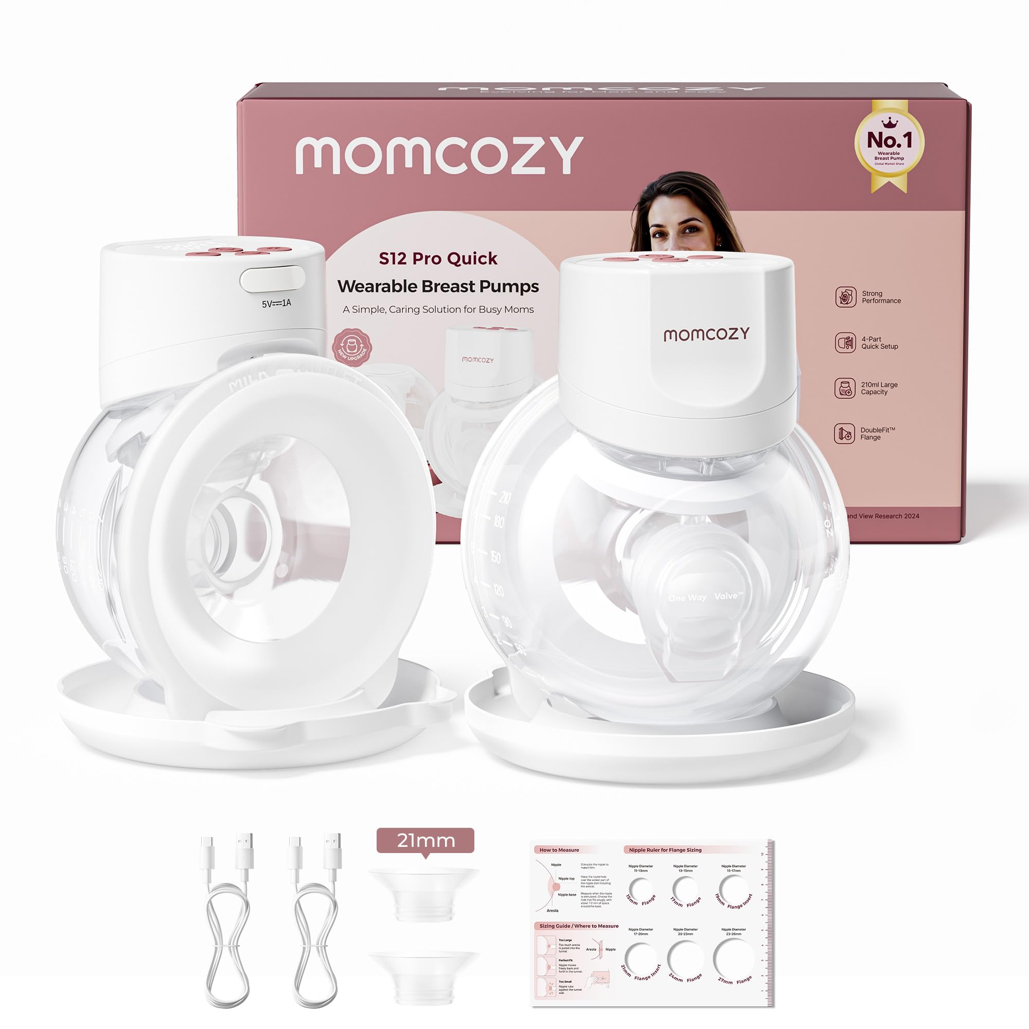 Momcozy Breast Pump S12 Pro Quick, Hands-Free Wearable & Wireless Pump, with DoubleFit Hybrid Flange, 3 Modes & 9 Levels Electric Pump Portable, Smart Display, 2 Count, Cozy White Image