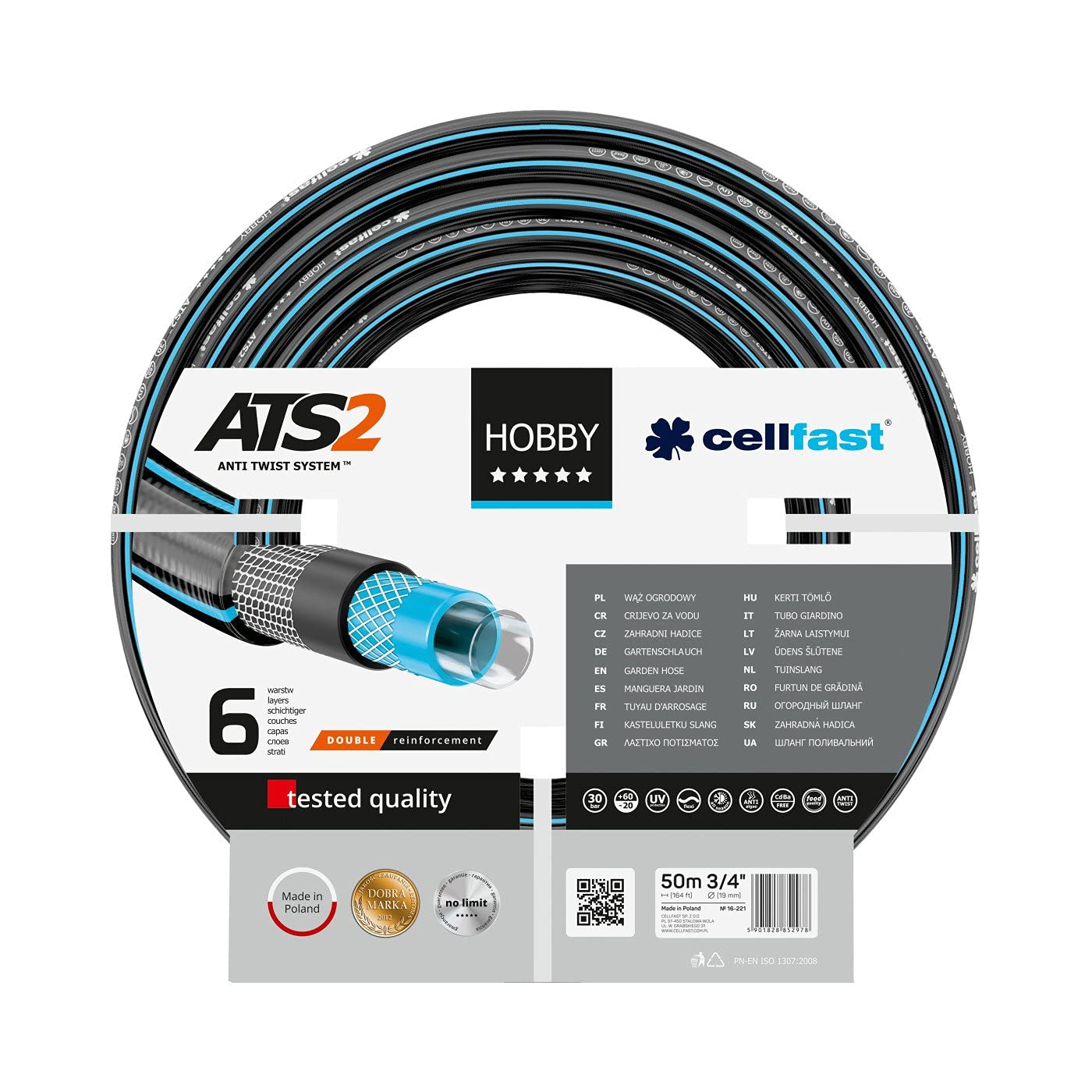 Cellfast Garden Hose HOBBY ATS2™ 3/4" 50 m, Flexible 6-layer Hose, Double Braid with Cross and Tricot Fabric, 30 Bar Burst Pressure, 16-221, Black/Blue