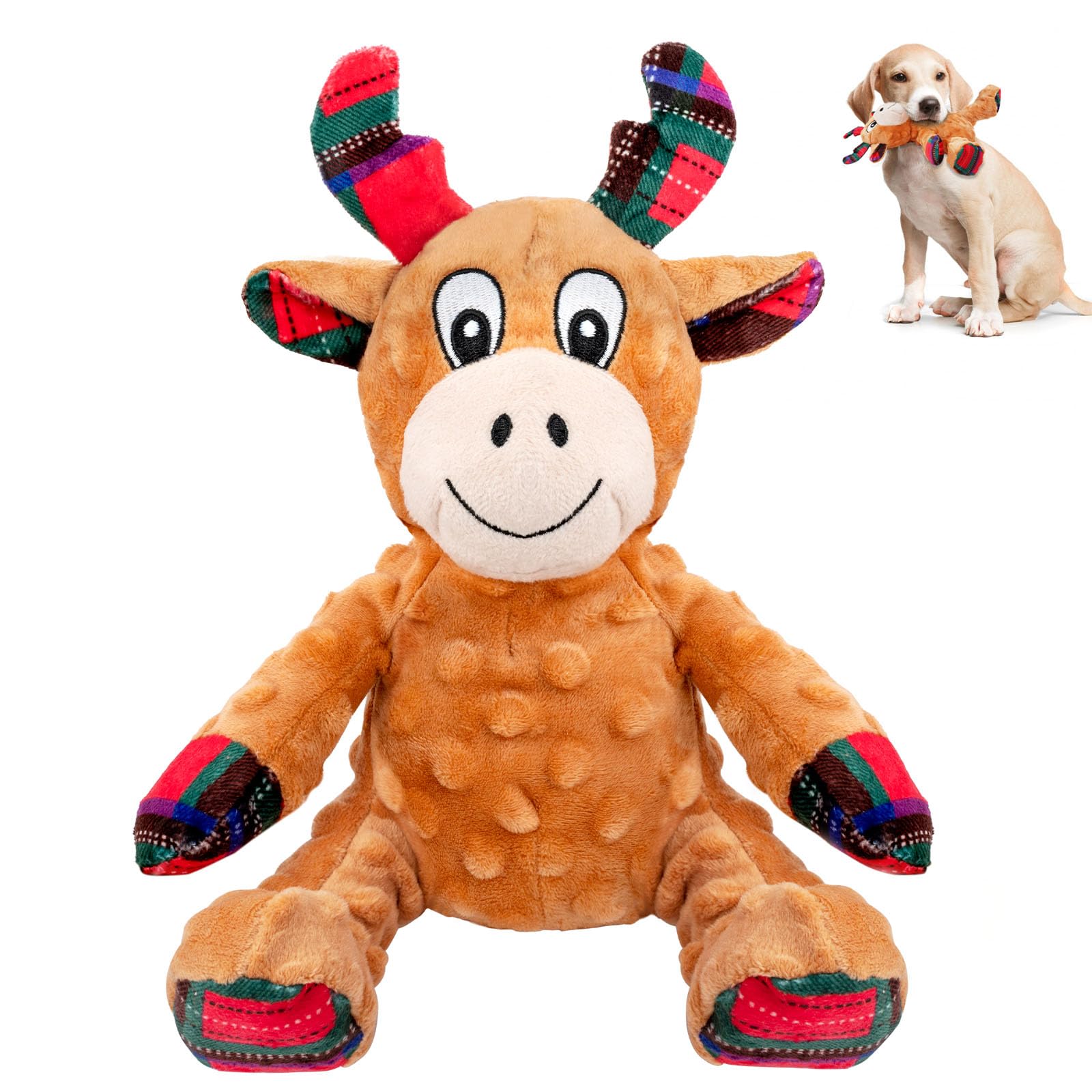 CHAWONER Christmas Dog Toys,Durable Plush Squeaky Dog Toys with Crinkle Paper,Interactive Dog Stuffed Chew Toys for Puppy Medium Small Dogs,Large Size Cute Reindeer,Christmas Dog Presents