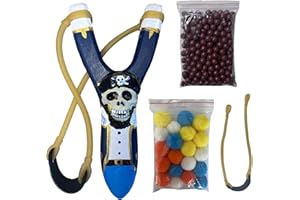 LINJAY Wooden Slingshot for Kids – Handmade Pirate Skull Toy with Extra Bands, Clay Balls & Soft Pom Poms for Outdoor Fun