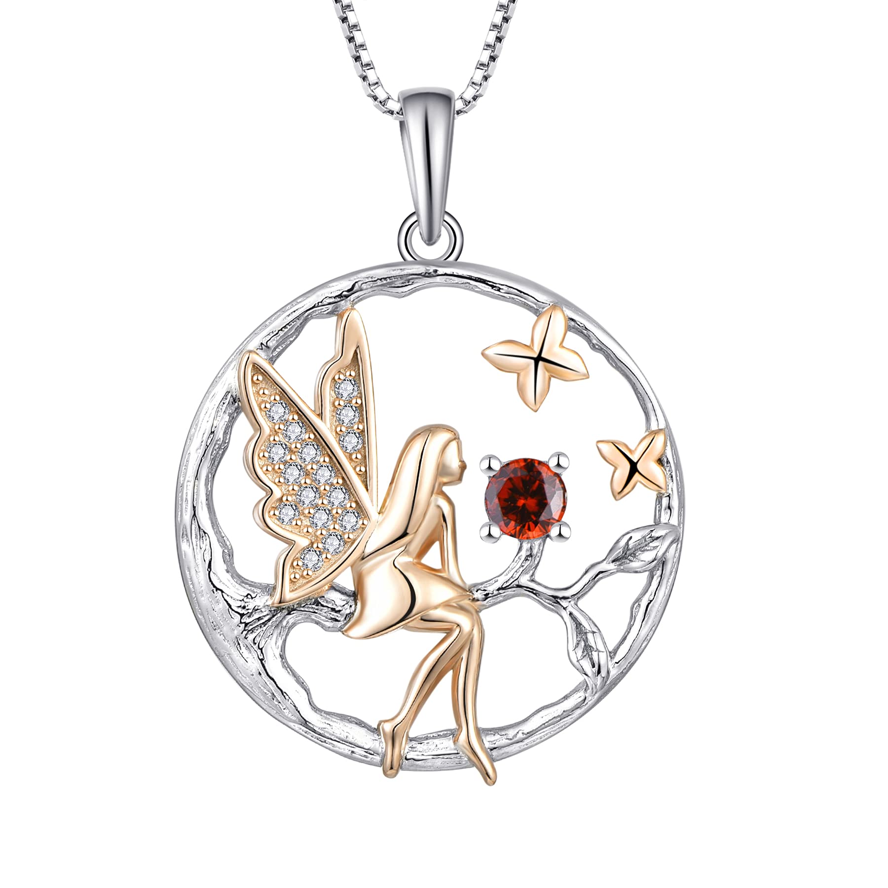 FJ Guardian Angel Necklace 925 Sterling Silver Tree of Life Necklace Fairy Pendant January Birthstone Garnet Jewellery for Women — image 1