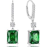 YL Princess Emerald Cut Dangle Earrings for Women, Solid 925 Sterling Silver 18K White Gold Plated Square Birthstone Halo Leverback Jewelry Gifts
