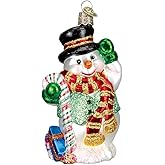 Old World Christmas Candy Cane Snowman Glass Blown Ornament for Christmas Tree, Handcrafted Holiday Decoration, Snowman Collection