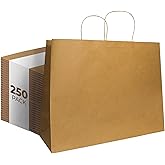 Natural Large Paper Bags with Handles 16" x 6" x 12.5" - Recyclable Blank Brown Kraft Tote Bag for Food Service, Restaurant To Go, Catering, Grocery Store Shopping, Event Swag, Gifts - 250 Pack