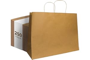 PTP BAGS Natural Large Paper Bags with Handles - Recyclable Blank Brown Kraft Tote Bag for Food Service, Restaurant To Go, Catering, Grocery Store Shopping, Event Swag, Gifts - 16" x 6" x 12.5", 250 Pack