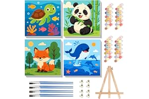 Arttoplus 4 Pack Paint by Numbers Kit for Kids with Frame,Cute Animals Kids Paint by Numbers Ages 4-6-8 with Wooden Easel,Easy DIY Acrylic Oil Painting by Number for Gift Home Wall Decor(8x8 inch)