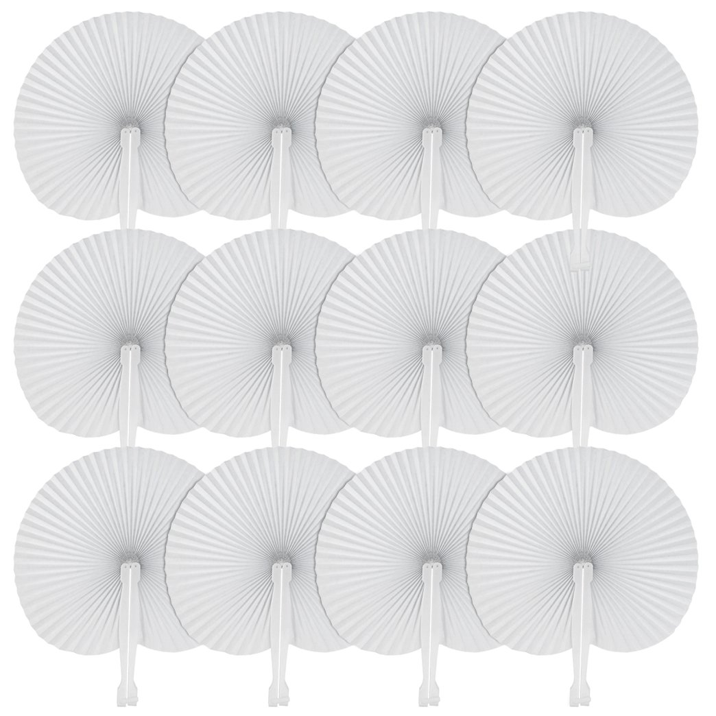 Photo 1 of 36 Pack Folding Paper Fans Round Shape Handheld Fans Plastic Handle Wedding Party Favors White
