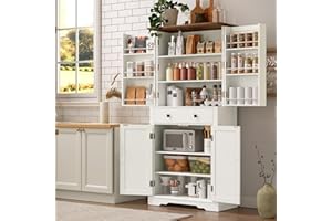 RALGEND Pantry Cabinet, Kitchen Pantry Storage Cabinet, Farmhouse Kitchen Hutch Cabinet, Cupboard with Drawer, Barn-Styled Cabinet Doors, 3-Height Adjustable Shelves, White and Walnut