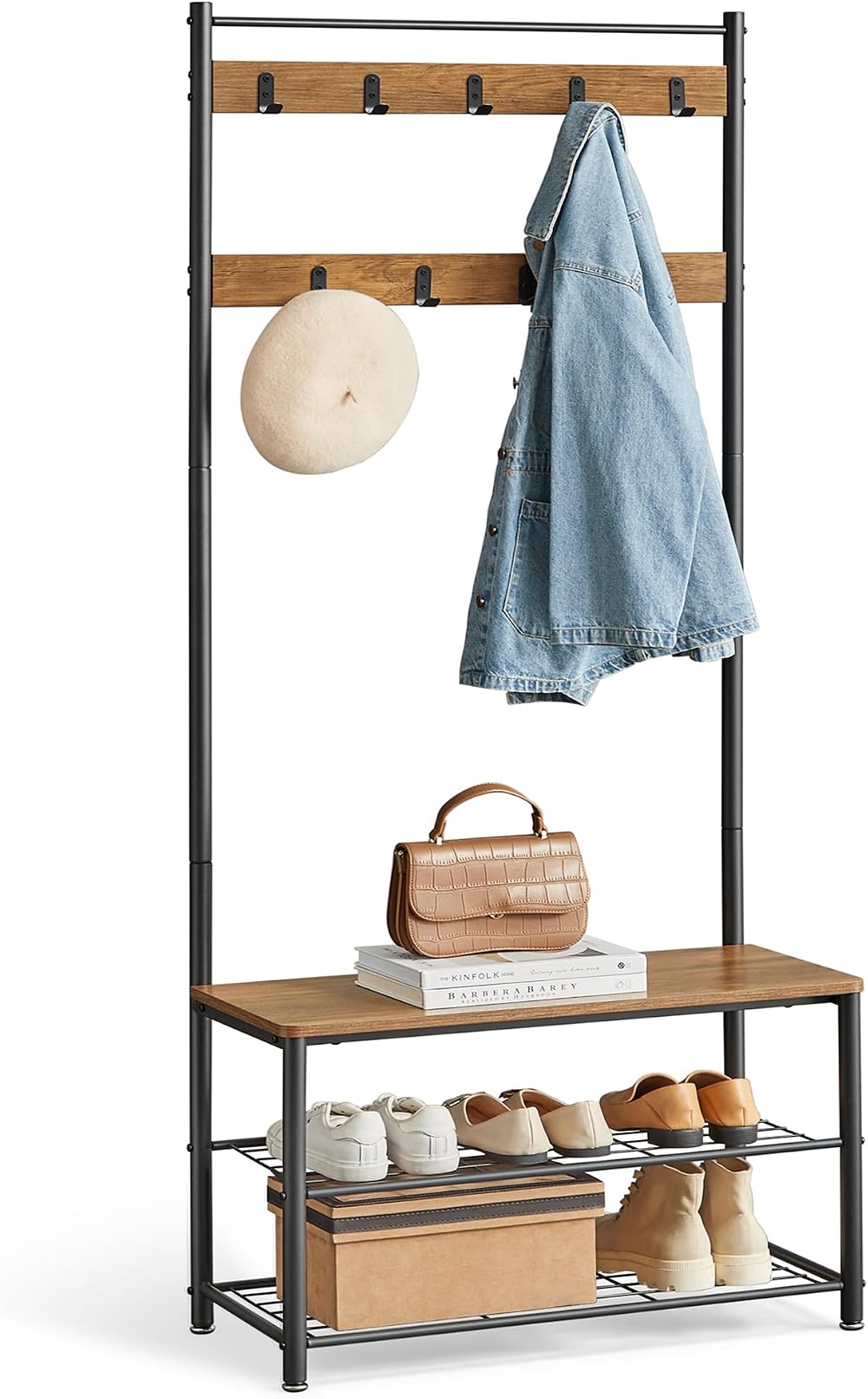 VASAGLE Coat Rack Hallway Cabinet with Bench and Shoe Rack 175 cm Walnut