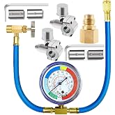 R134A Refrigerator Freon Recharge Hose Kit, R134A AC Refrigerant Charging Hose Gauge, Bullet Piercing Valve Hose Refrigerant Can Tap, R134a Self-Sealing Adapter for Home AC Refrigerant System