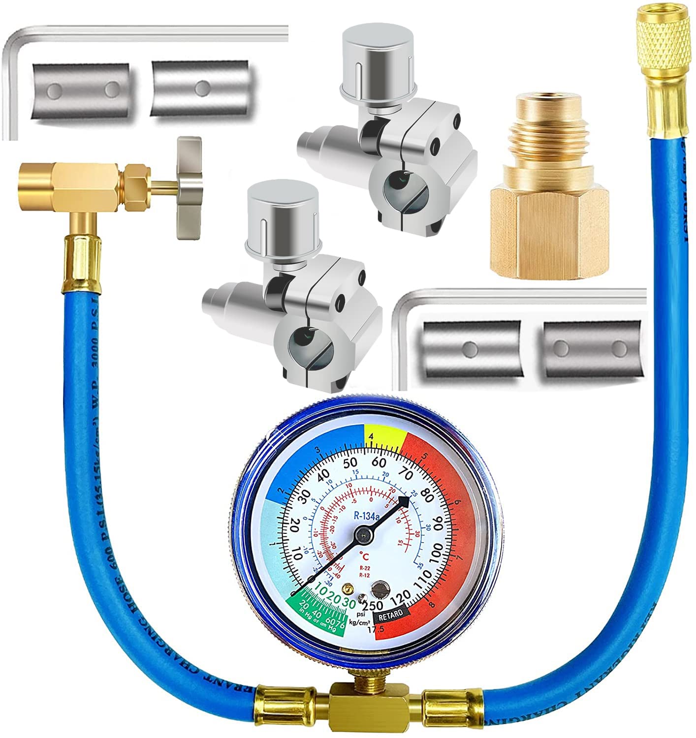 Photo 1 of R134A Refrigerator Freon Recharge Hose Kit, R134A AC Refrigerant Charging Hose Gauge, Bullet Piercing Valve Hose Refrigerant Can Tap, R134a Self-Sealing Adapter for Home AC Refrigerant System