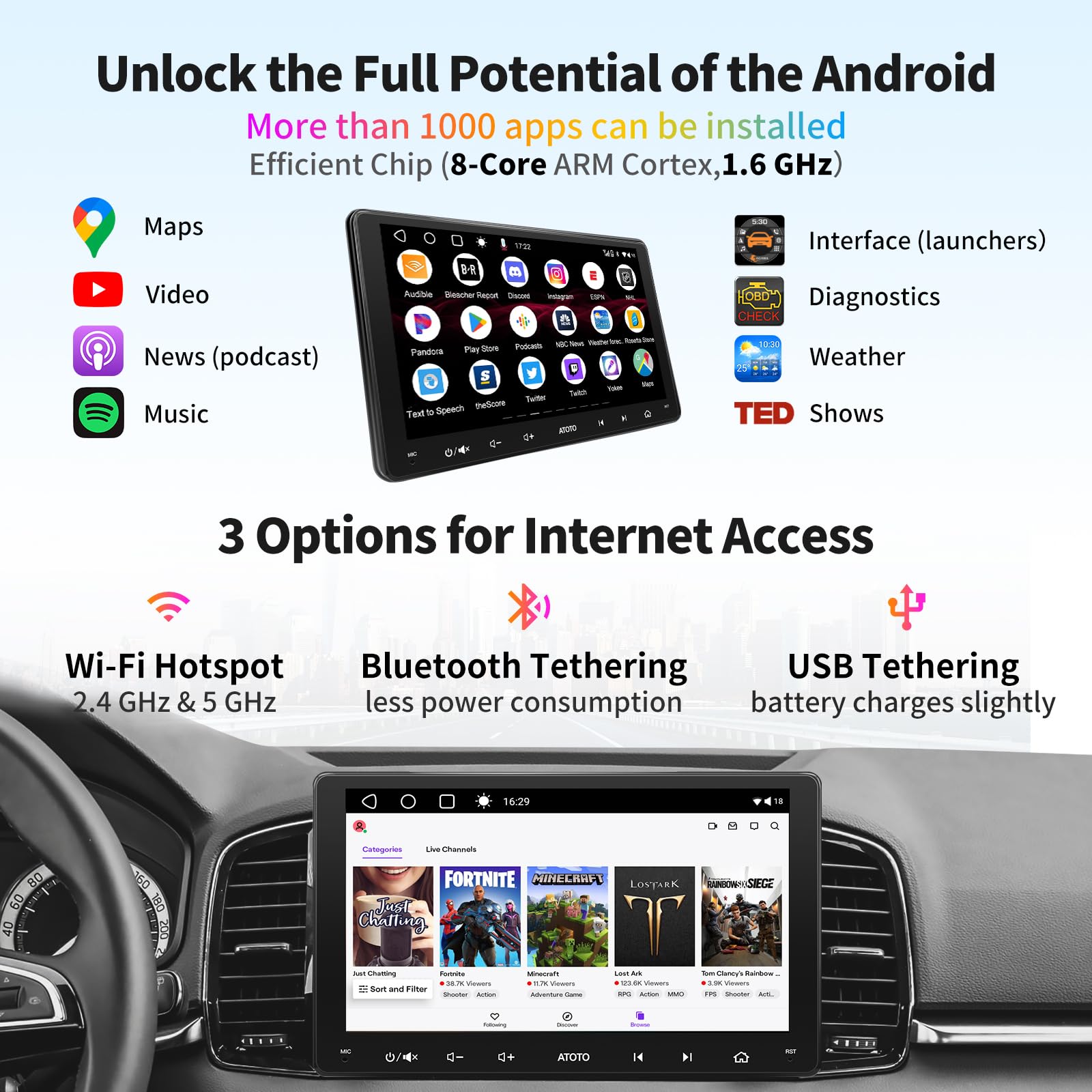 [9inch] ATOTO A6 PF Android Car Stereo, Double-DIN Radio, Wireless CarPlay & Wireless Android Auto, Mirror Link, GPS Tracking，in-Dash Navigation, Dual Bluetooth, HD LRV, 2G+32G, A6G209PF