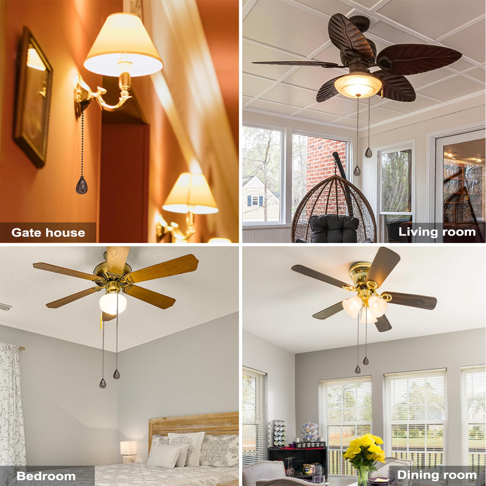 4 Pack Bronzed Ceiling Fan Pull Chain Extension, 12 Inches Classic Drop Shaped Pendant Pull Chains for Ceiling Fans and Lights, Decorative Fan Pulls Extenders with Connector (2 light and 2 fan)