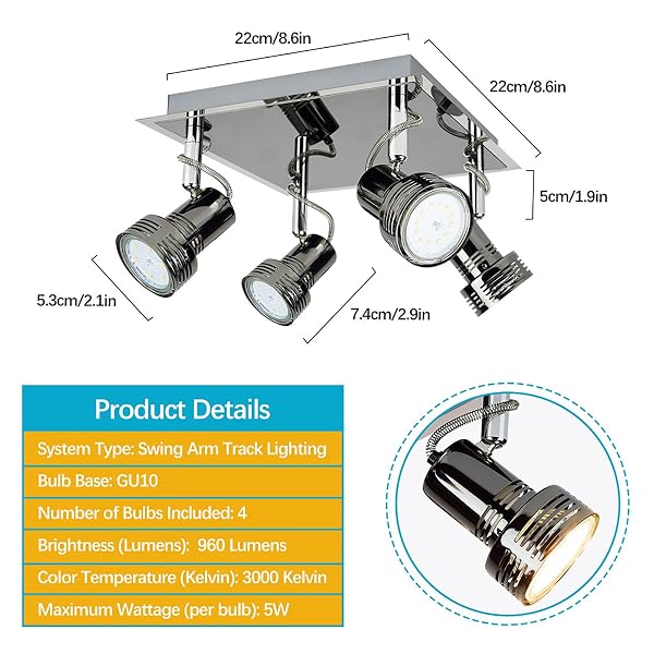 DEPULEY CEILING TRACK LIGHT FIXTURE: 4-LIGHT SQUARE LED TRACK LIGHTING KIT – FLUSH MOUNT CEILING SPOTLIGHTS FLEXIBLY ADJUSTABLE ACCENT LAMP FOR KITCHEN LIVING ROOM BEDROOM HALLWAY GU10 BULBS INCLUDED
