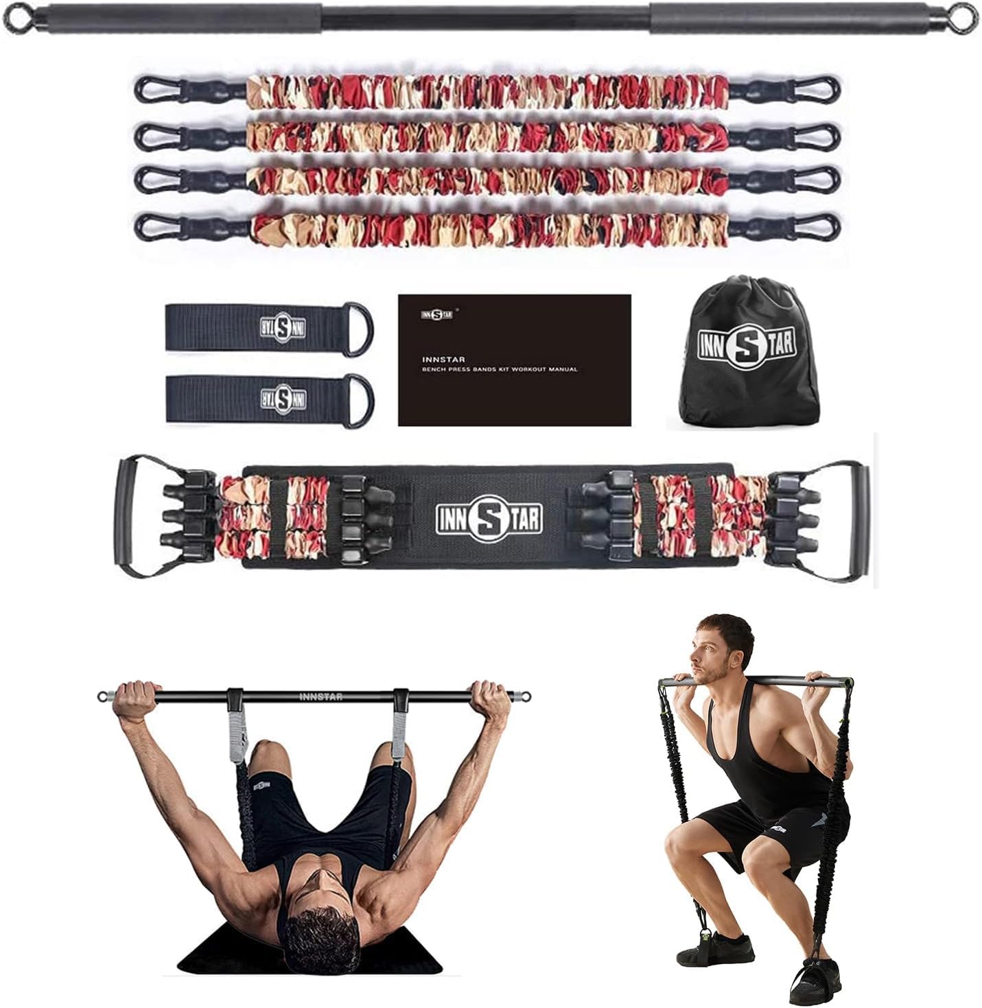 INNSTAR Portable Home Gym Set with Workout Bar, Bench Press Set, Squat Resistance Band, Door Anchor and More-Full Body Workout Equipment to Build Muscle and Shape Body (Camo Red-80lbs)