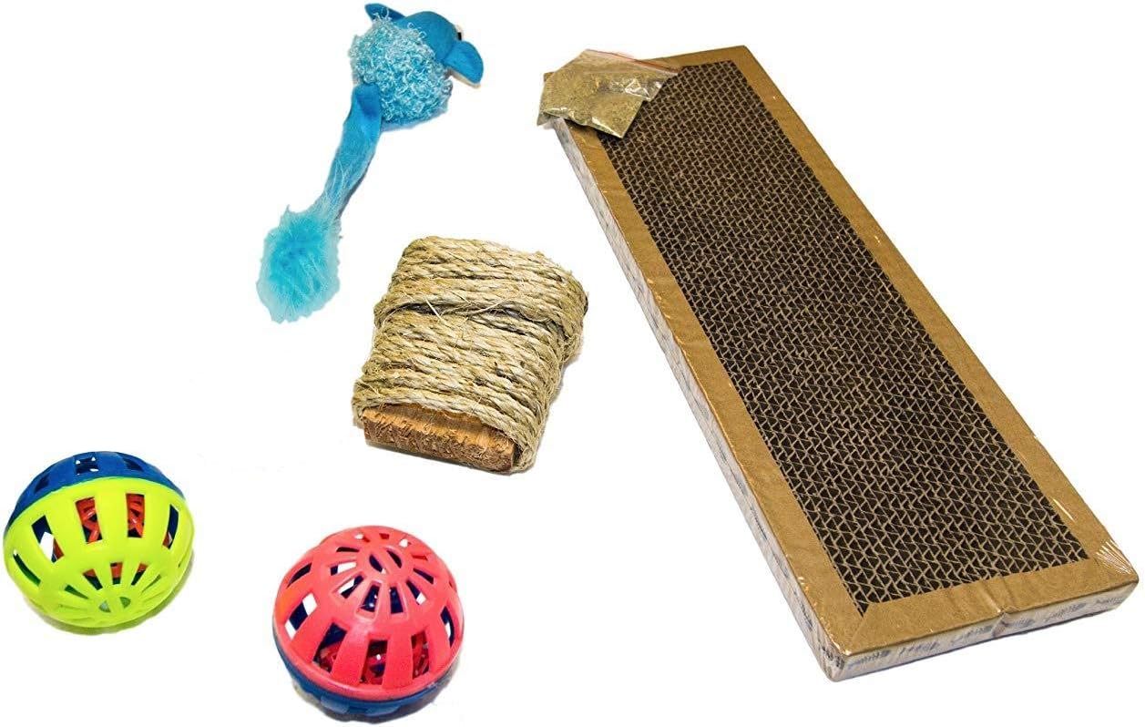 EMG Pet Emporium Scratcher - Bell Toy Bundle For Cats | 15"x5" Scratching Pad | Longtail Feather Mouse | Guaranteed | 2 - Jumbo Play Balls | 10' Sisal Rope | 4 All Cats