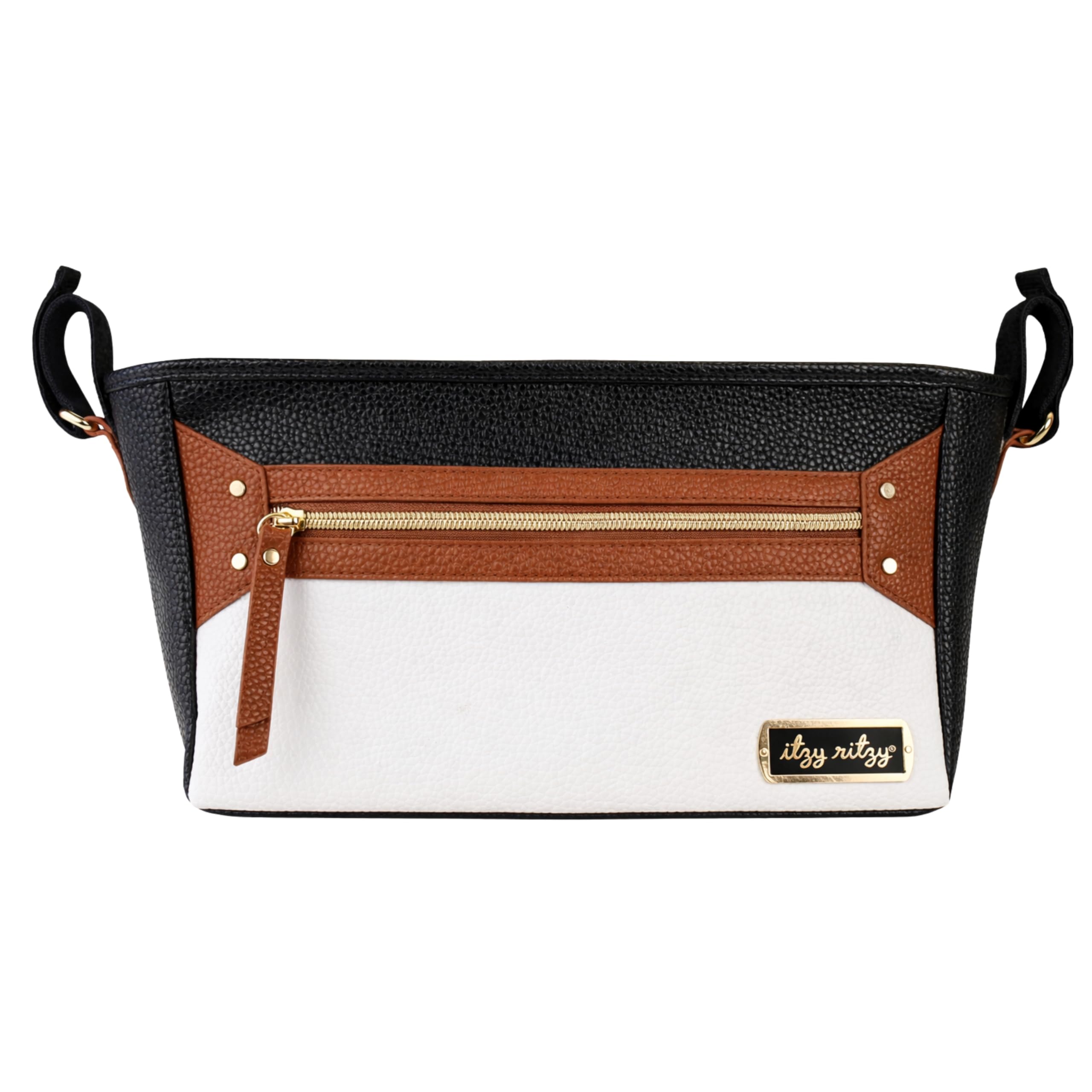 Itzy Ritzy Baby Pram Bag – Universal Pushchair Organiser with 2 Built-in Cup Holders, Zipped Pocket Buggy Bag Compartment, Stroller Accessories Fit for Baby Essentials for Moms - Coffee & Cream