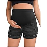 BEAUDRM Women's Maternity Adjustable High Waist Ripped Roll Up Hem Denim Mini Shorts with Pocket