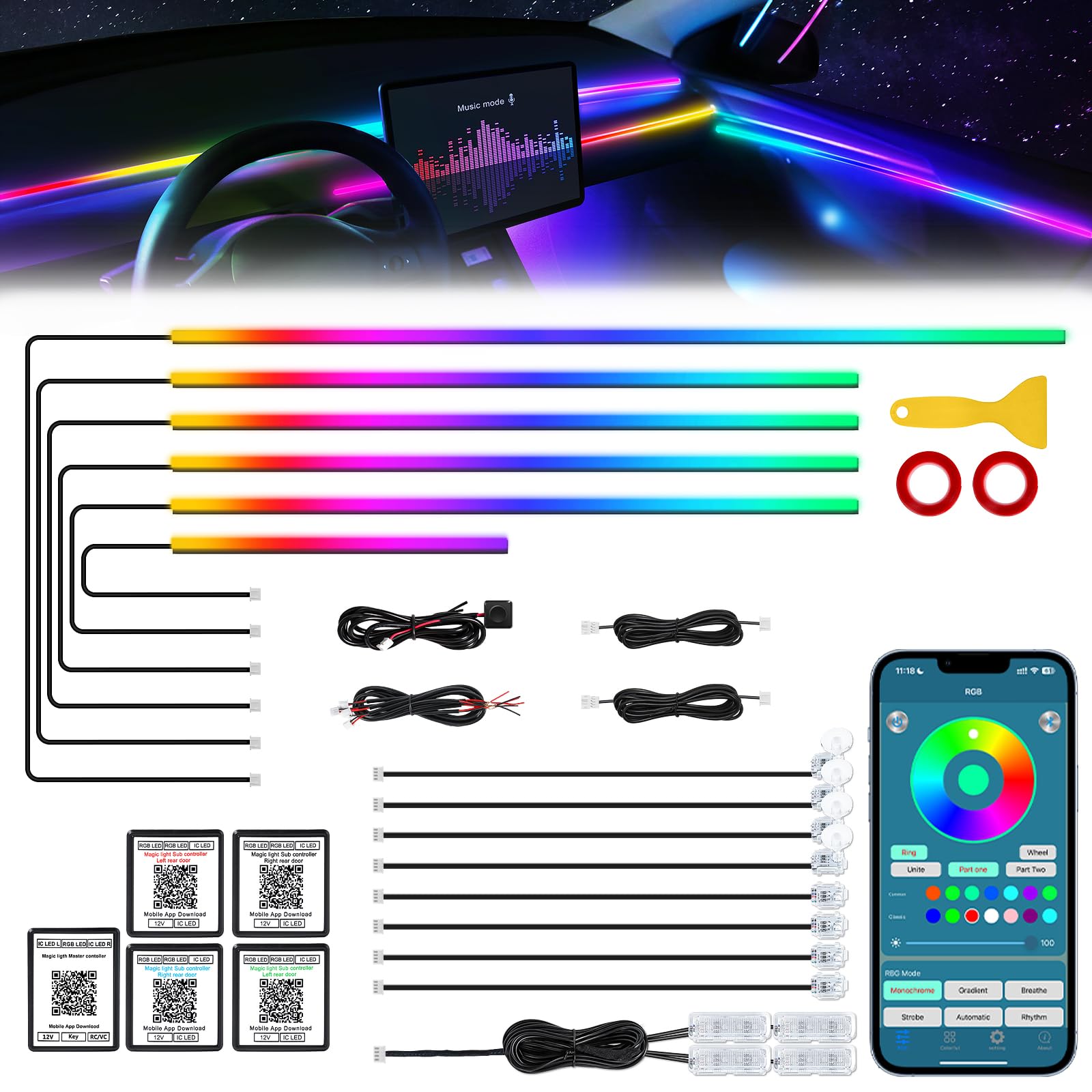 Photo 1 of Dreamcolor Acrylic Interior Car LED Strip Light with Wireless APP, RGB 18 in 1 with 175 inches 612 LEDs Fiber Optic Strip Lights for Car, Dual Zone Symphony Neon Car Ambient Lighting