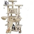 FOOWIN 68 Inches Big Multi-Level Cat Tree, Tall Multi-Cats Tower with 2 Big Cat Condo &Cat Hair Brush, Large Cat Tree with 3 Padded Plush Perches & Scratching Posts for Kittens (Beige)