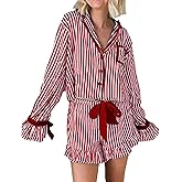 Lshyuehao Women Christmas Silk Pajamas Xmas 2 Piece Bow Tie Loungewear Long Sleeve Button Down Bow Pjs Shorts Set