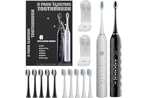 Electric Toothbrush 2 Pack - Electric Toothbrush for Adults with 12 Replacement Brush Heads, 2 Toothbrush Holders, 6 Modes(Bl