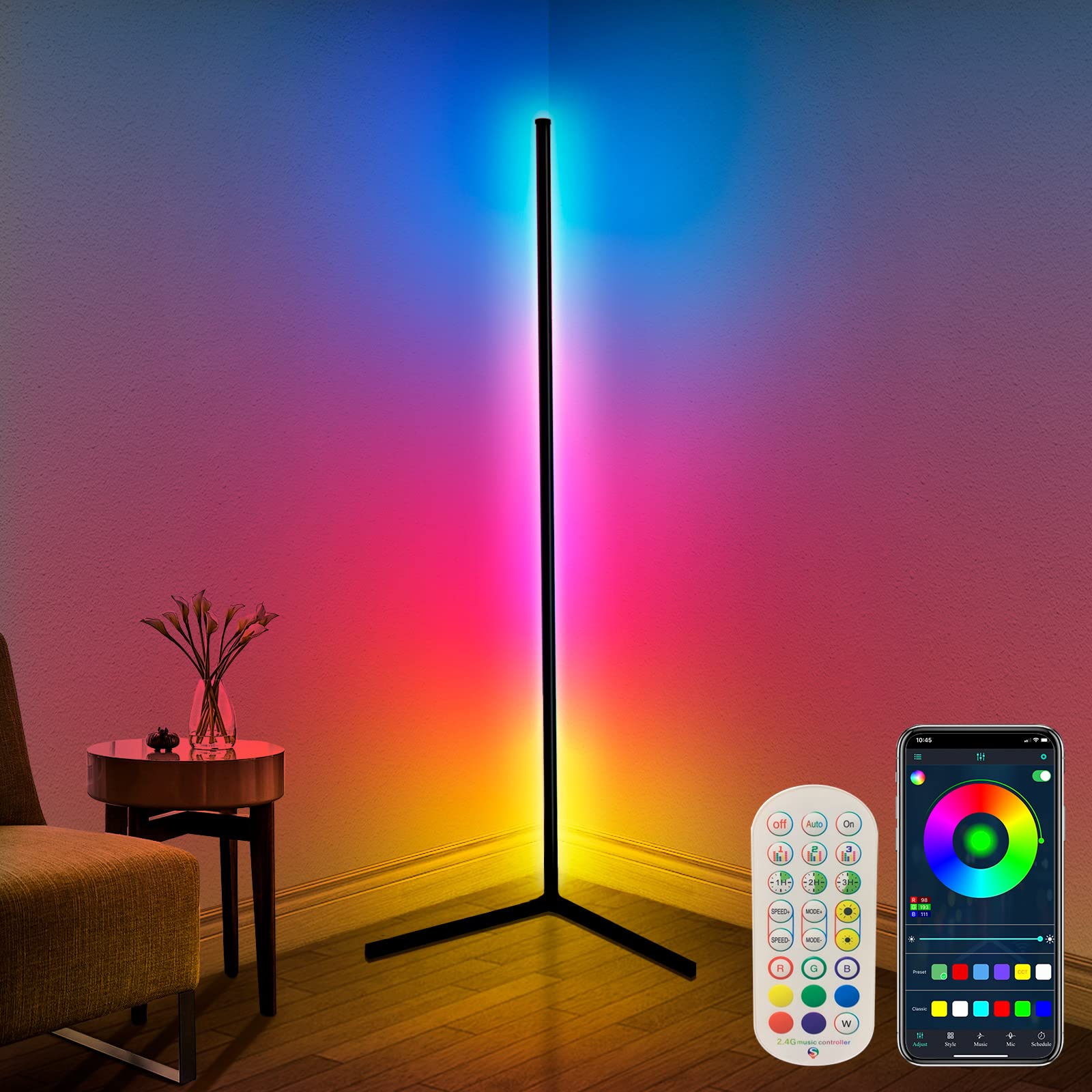 Photo 1 of 10Corner Floor Lamp,65” Color Changing LED Floor Lamp 55ith Music Sync,Modern Mood Lighting Corner Lamp with Remote & App Control, Creative DIY Mode & Timing,RGB Floor Lamp for Living Room Gaming Room