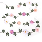 Daisy Leaf Felt Garland - Spring Flower Birthday Wedding Decorations, Colorful Daisy Green Leaves Banner, Felt Floral Wall Hanging Garland, Bohemian Garden Party Photo Props (Pink Daisy Leaf Garland)