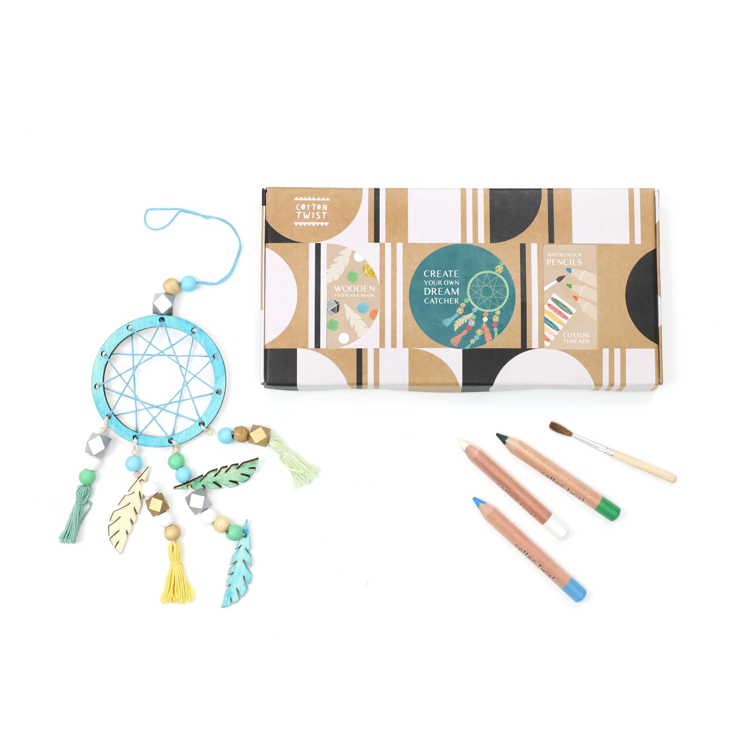 COTTON TWIST Kids Make Your Own Dreamcatcher Craft Kit with Watercolour Pencils - Children Creative Fun Game Play Set Activity Box for Boys and Girls