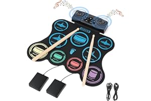Marrilley Electric Drum Set, 9 Pads Kids Drum Set, Roll-up Practice Drum Pad with Headphone, MIDI, Built-in Speaker Drum Sticks Foot Pedals 10 Hours Playtime (New 9 pad Dual Stereo Speakers)
