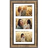Frametory, 7x14 Picture Frame - for Three 4x6 Photos, Three Opening White Mat - Wall Display - Great for Wedding, Graduation, Engagement Photographs - Antique Gold