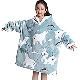 Deserthome Wearable Blanket Hoodie for Kids 6-12YR Oversized Animal Hooded Blanket Super Soft Comfortable Warm Flannel Polar Bear