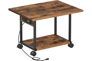 Asgolion Printer Table, 2-Tier Under Desk Printer Stand with Charging Station, Printer Stand with Wheels, Printer Shelf for Small Spaces, PrinterCart for Home Office Rustic Brown