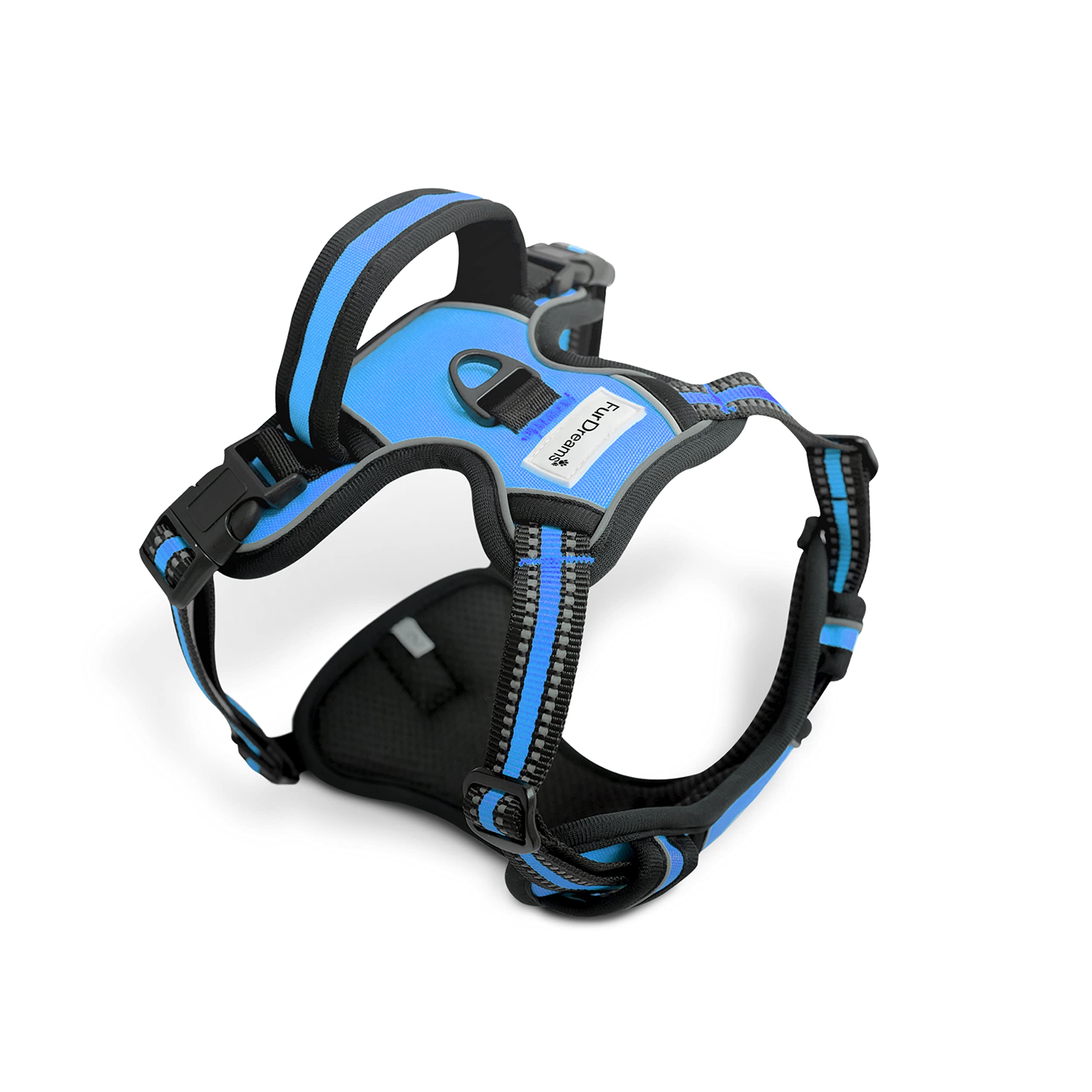 FurDreams Dog Harness – Secure Padded Vest Harness, Comfortable Material with Reflective Strips, Non-Restrictive, No Choke Fit with 4 Adjustable Straps, No Pull, Clip On Easy (Large, Blue)