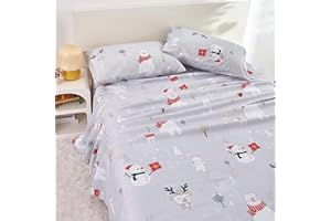 Yibeizi Kids Bear Snowmen Reindeer Bunny Printed Sheet Set Twin Size for Boys Girls, Cute Christmas Winter Microfiber Bedsheets Deep Pocket Bed Sheet & Pillowcase Sets 3 Pieces