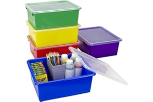 Storex Letter Size Deep Storage Tray – Organizer Bin with Non-Snap Lid for Classroom, Office and Home, Assorted Colors, 5-Pack (62542U05C)