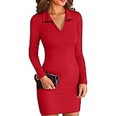 VICHYIE Women Lapel Neck Ribbed Bodycon Tight Fall Dress Long Sleeve Mid Thigh Pencil Above Knee Dresses