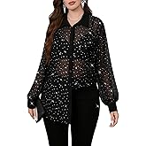 OYOANGLE Women's Glitter Sparkle Top Long Sleeve Button Down Mesh Sheer See Through Casual Loose Blouse Shirt