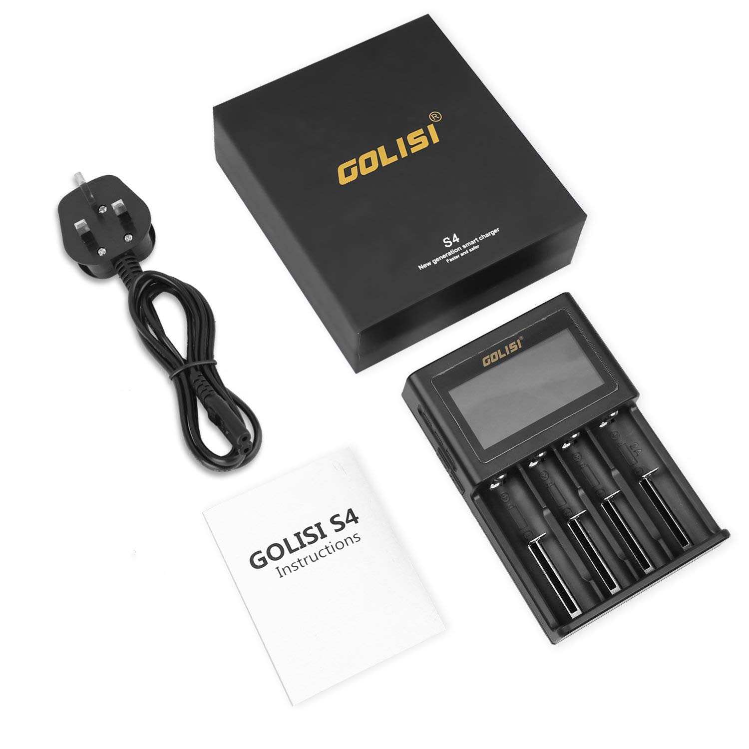 18650 / 26650 Battery Charger, Golisi Universal Charger with 4 Bay, 12V 2A Quick Charge, LCD Display, Good for Ni-MH Ni-Cd AA AAA Li-ion LiFePO4 IMR 10440 14500 16340 RCR123, Best 4 slot Charger for E-cig / Vape Batteries