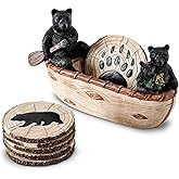 Bear Coasters Set of 6 Cute Table Coasters Resin Drink Coasters Black Cup Coasters for Coffee Table with Bear Family Boating Log Cabin Decorations Rustic Lodge Decor for The Home