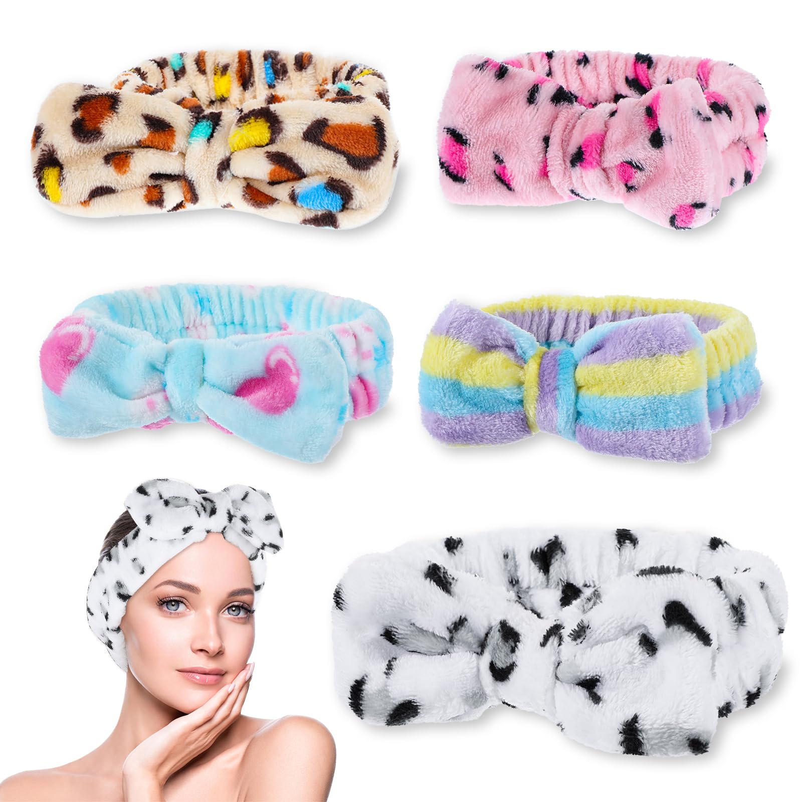 LNGUB 5 Packs Spa Headband with Cute Bow for Women and Girls, Elastic Makeup and Skincare Hair Band for Shower and Face Washing