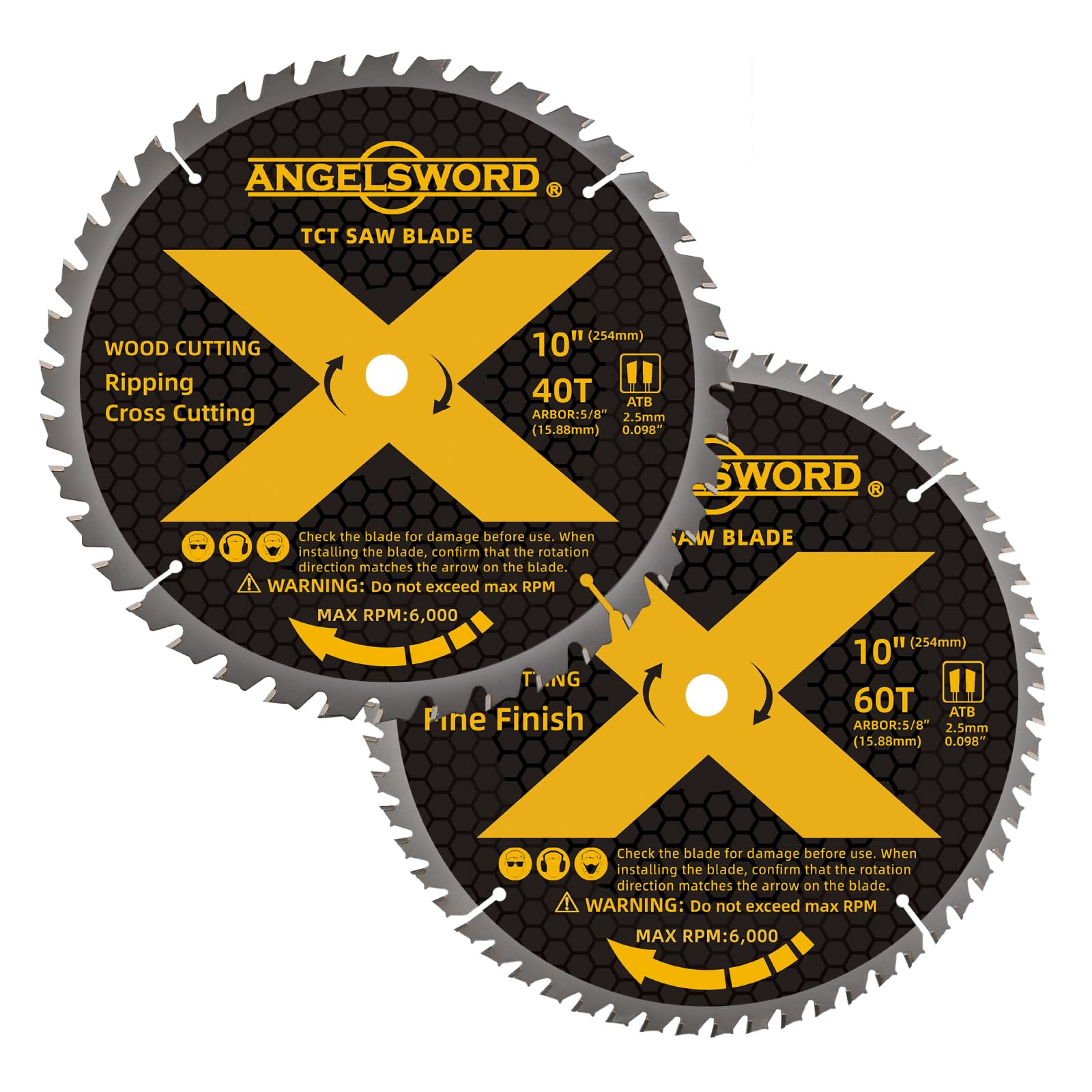 Photo 1 of ANGELSWORD 10 Inch Table Saw Blade/Miter Saw Blade, 40T for Ripping, Cross Cutting&60T for Fine Finish Wood Cutting, 2 Pack