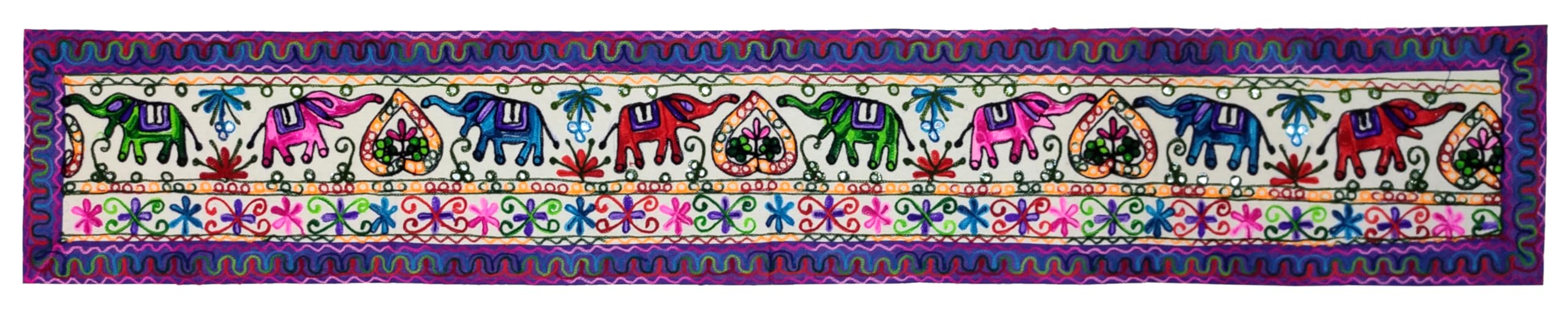 Purpledip Cotton Tapestry 'Trumpeting Elephants': Vintage Embroidery Table Runner or Wall Hanging (11674)