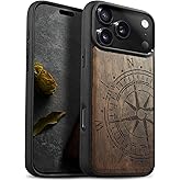 Carveit Magnetic Wooden Case for iPhone 17 Pro Case, Wood Artisan Engraved & Black Soft TPU Shockproof Cover, Compatible with MagSafe Wireless Chargers (The Incomplete Compass) Walnut