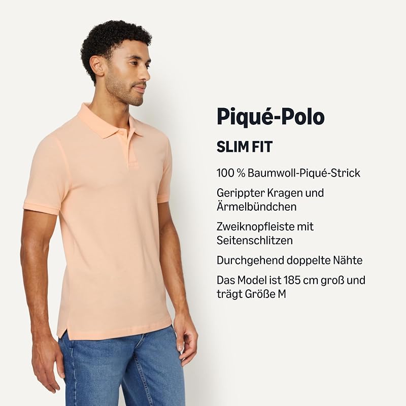 Herren Poloshirt Slim Fit Baumwolle Piqué Kurzarm, Blassapricot, M
